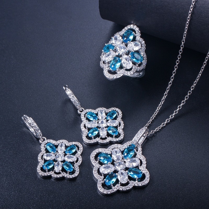 White Gold Color Luxury Bridal CZ Crystal Necklace and Earring Sets Big Wedding Jewelry Sets For Brides
