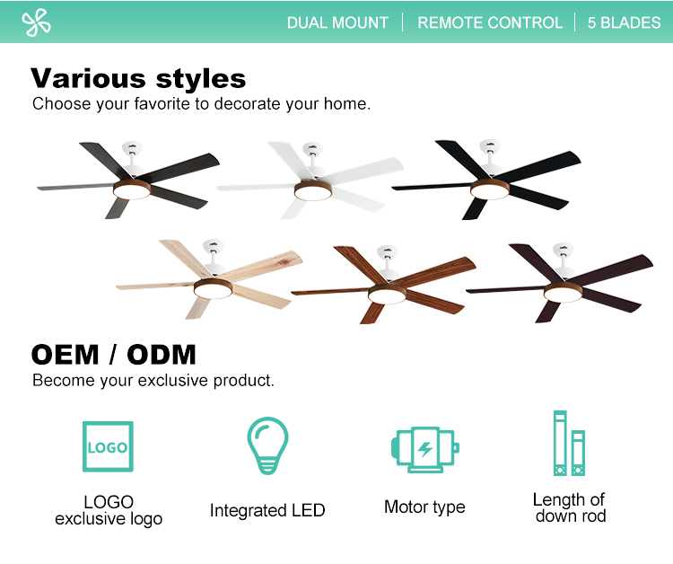 Smart Control LED Ceiling Fan with Light 52-inch 5 MDF Blades and 35/60W Motor Wattage