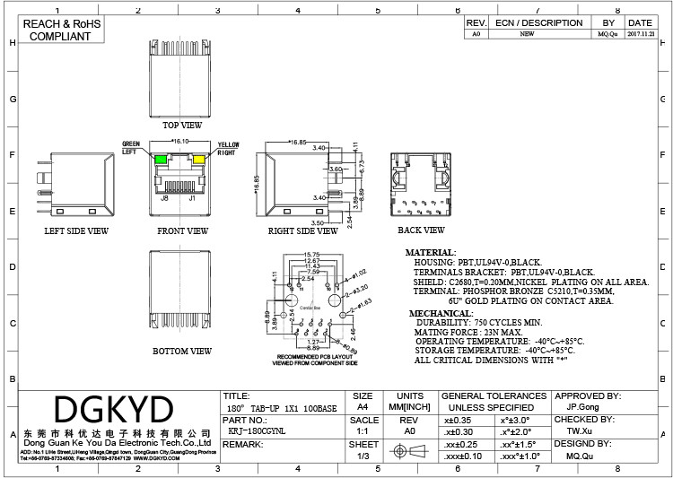 KRJ-180CGYNL Vertical entry 100 BASE RJ45 Shielded Ethernet Connector with LEDS