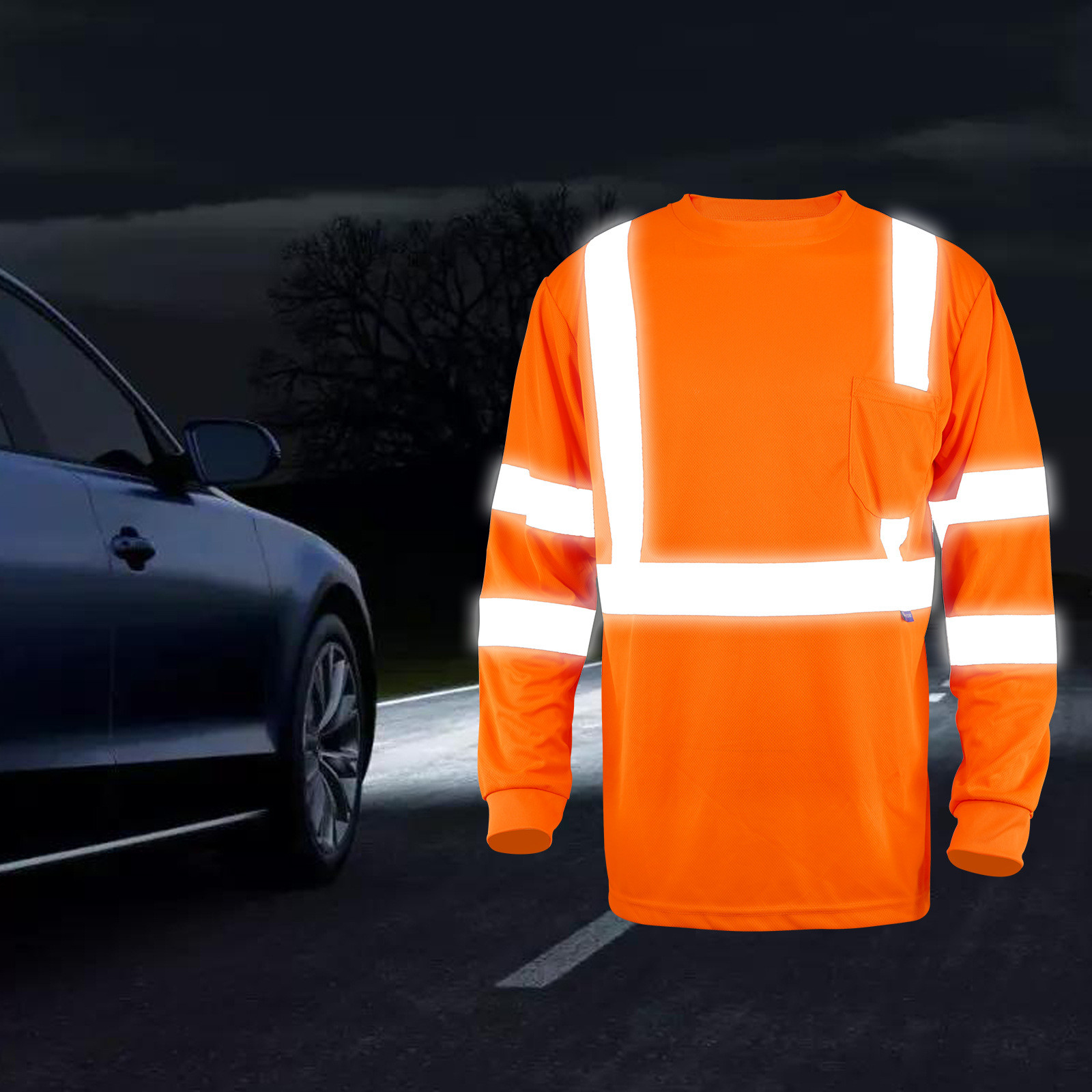 Wholesale Fluorescent Orange O Neck Reflective Safety Mens Custom Logo Sleeve Hi Vis T Shirt