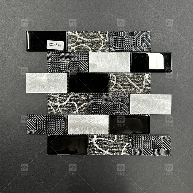 Long Strip Shape Black Glass Mosaic Tile With Metal Border Bathroom Wall Pattern Decor