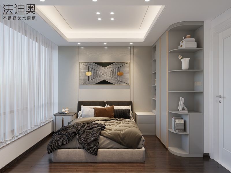 Custom Size Gray Blue Modern Bedroom Wardrobe Furniture With Golden Accents