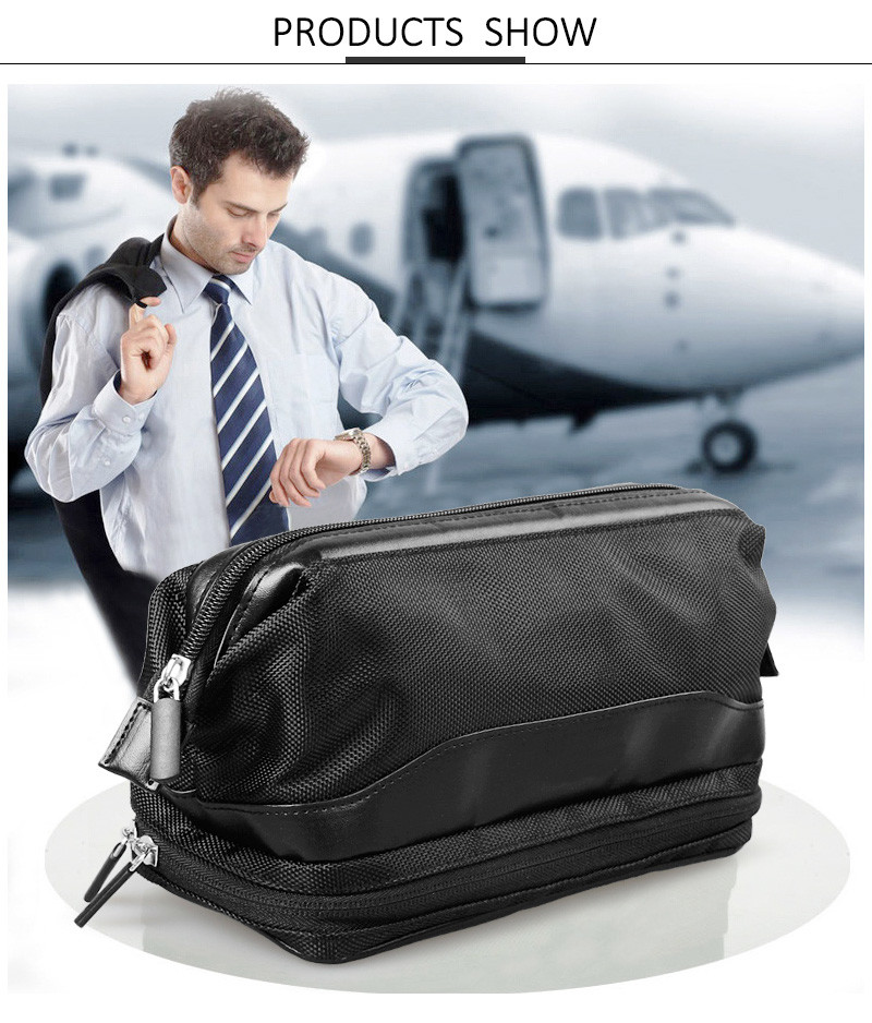 Double Zipper Travel Men PU Polyester Cosmetic Bag