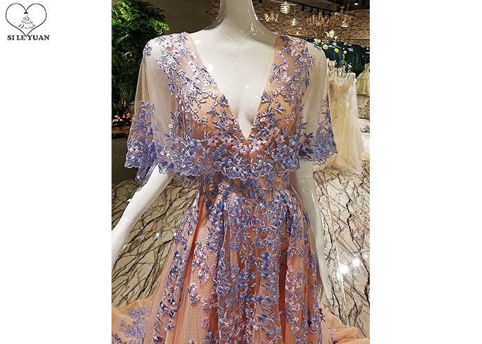 Backless Tailor Made Prom Dresses , Deep V Neck Floral Ball Gown Bat Wing Sleeve