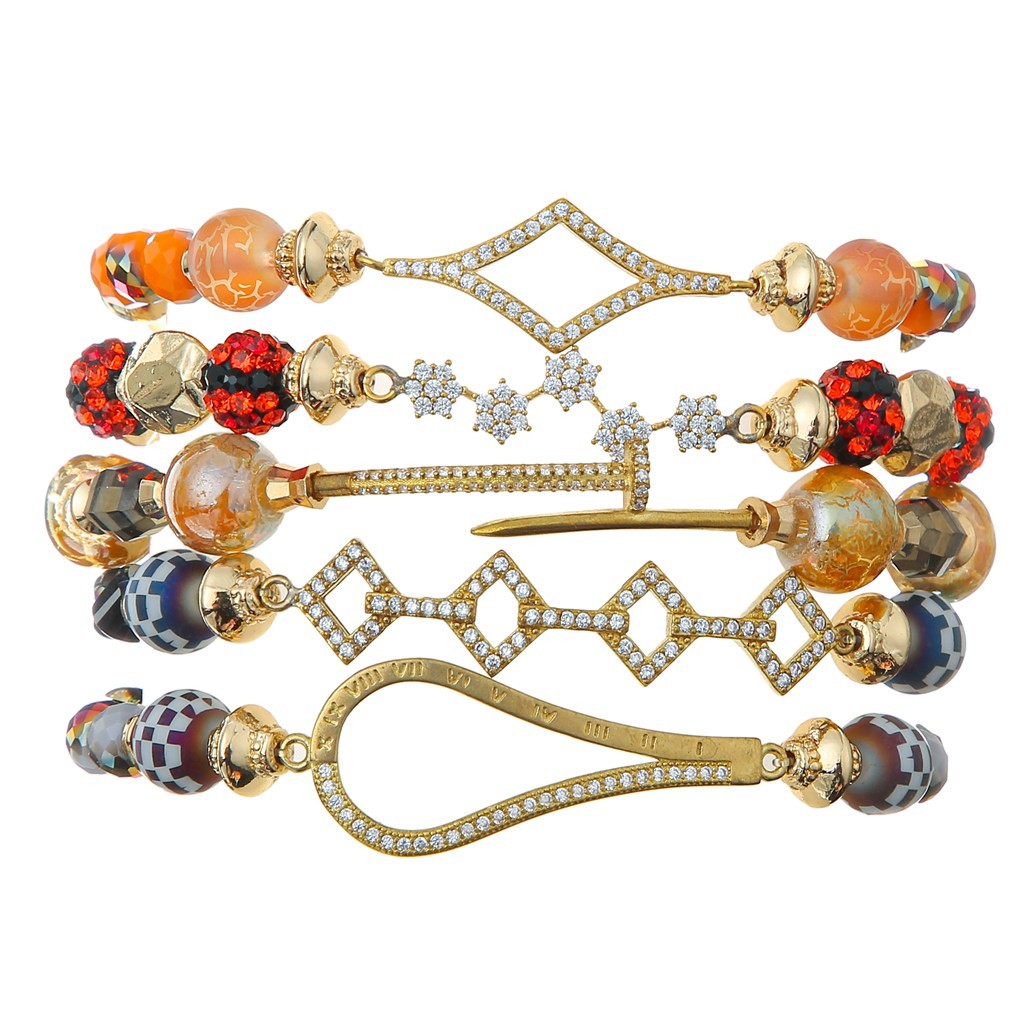 Dark Gold Shinny Beads Stretchy Crystal Bracelets With Zircon Bayonet Connector