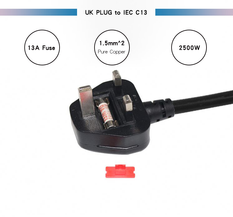 BS1363 UK 3 Pin Power Cable , 250v 13a Fused Plug IEC C13 Power Cord