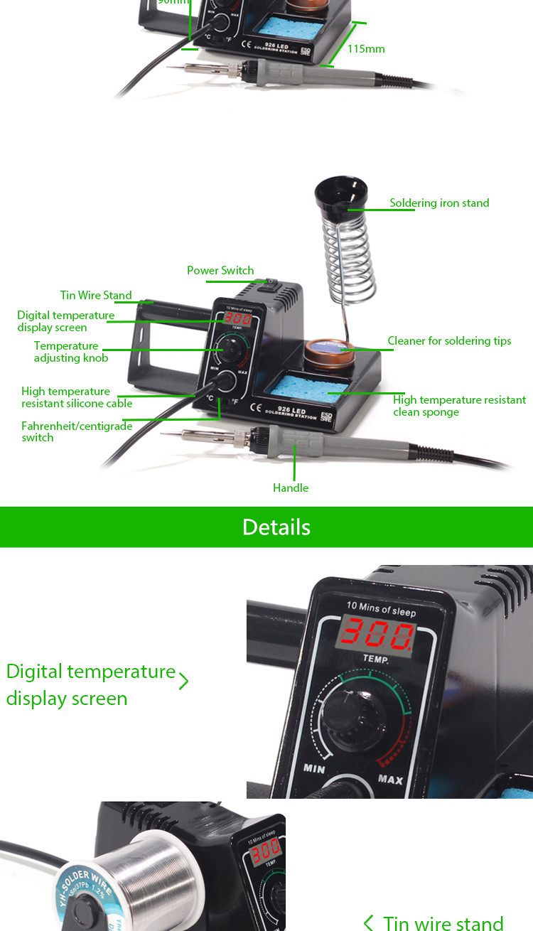 High Power Anti Static Adjustable Temperature Soldering Station Green 926LED 60W