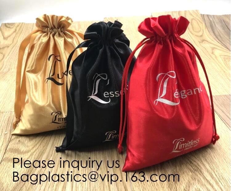 White Satin Drawstring Bag With Silver Logo,Custom Printed White Satin Drawstring Bag For Hair, Pouch For Loungwear pac