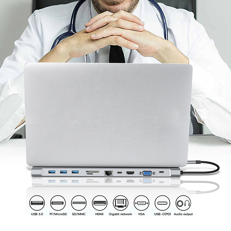 11 In 1 USB C Type C Docking Station with VGA Ethernet 3.5MM Audio TF/SD Card Reader