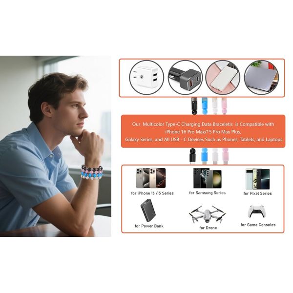 USB 3.0 Multicolor Type-C Fast Charging Data Feng Shui Bracelet Cable: Midnight Guardian · Onyx Energy Bracelet Wristband Design Charger Leather