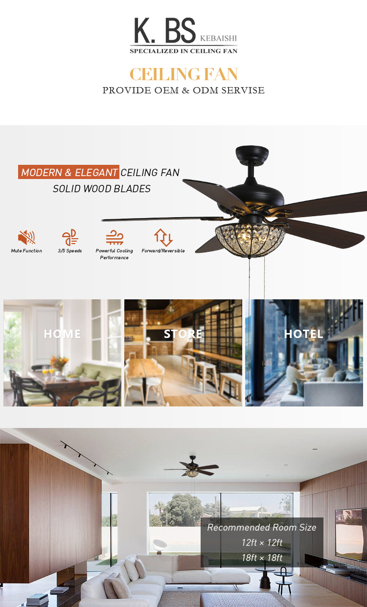 Best Selling Modern Craft Crystal Air Cooled Hanging Hotel Villa Design Ceiling Fan Light