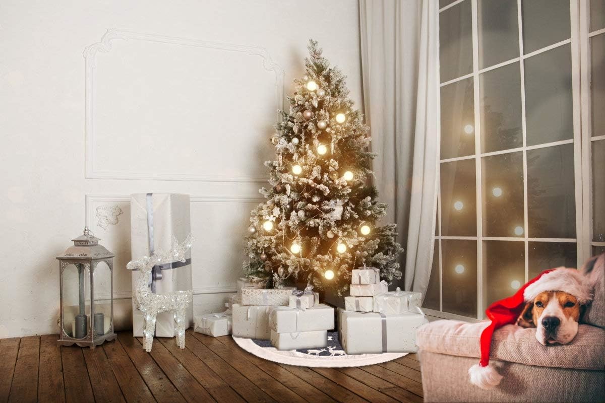 Tree Skirt, Fur Rustic White Xmas Tree Skirt,Snowy Christmas Trees Mat Decorations Indoors,Deer and Snowflake Pattern