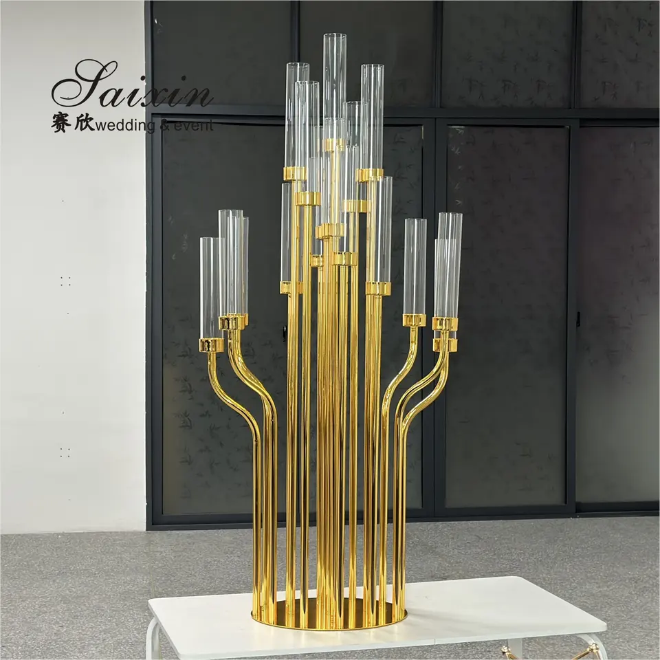 Luxury Wedding Decor Supplies Gold 17 Arms Candelabra Candle Holder Tall Crystal Candelabra Centerpieces