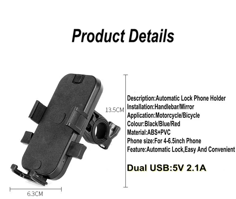 ABS 5V 2.1A Dual Usb Port Motorcycle Phone Holder For Iphone 11