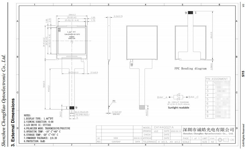 1.44 Inch Tft Screen Lcd Display Module 128x128 Resolution 9 Pin Serial