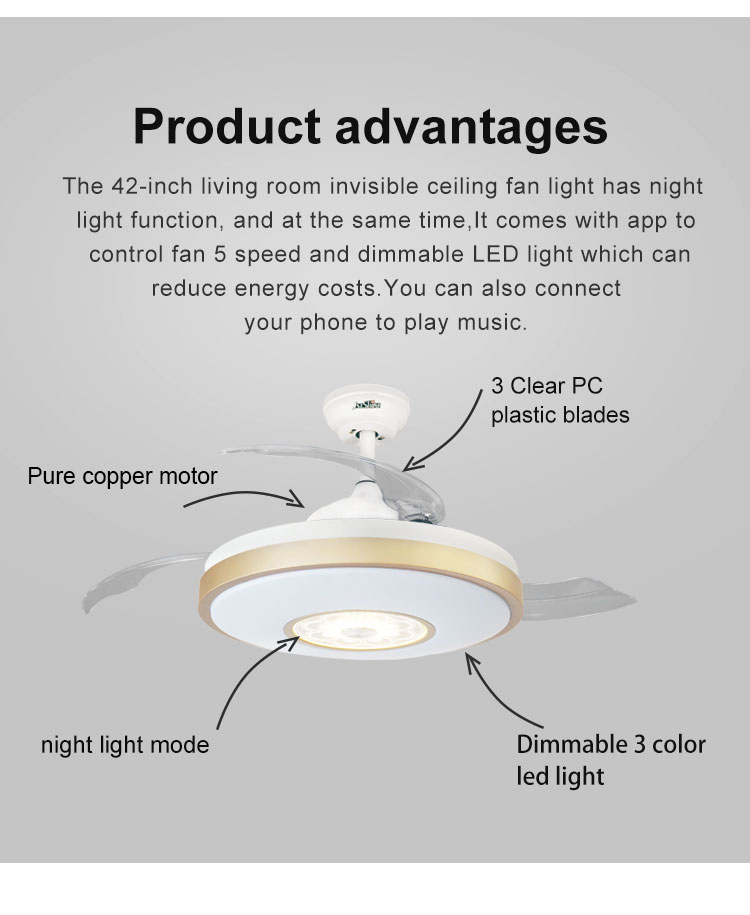 Invisible Design LED Ceiling Fan with Smart Night Light and DC Motor 3000K/4500K/6000K