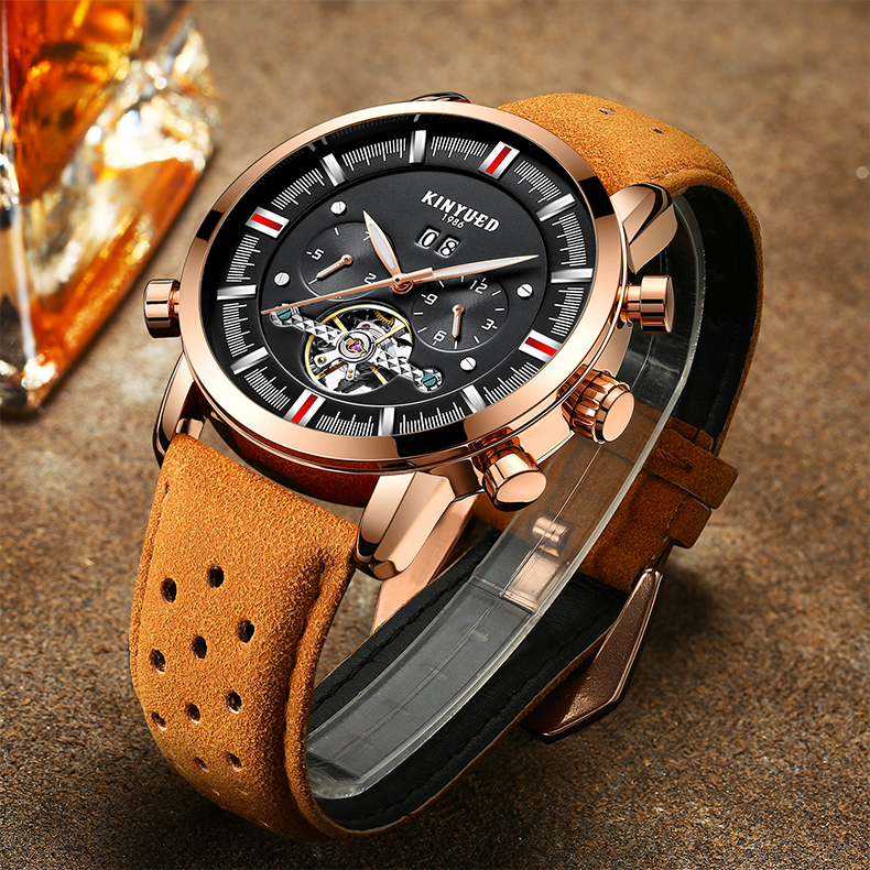 Durable Genuine Leather Wrist Watch Gold Case Hardlex Glass Black Dial
