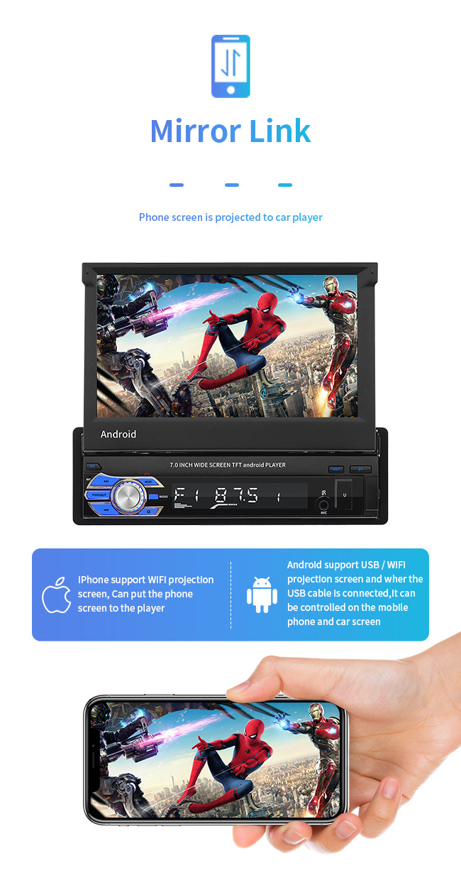 7 Inch GPS Car Mount Tablet Android 1 DIN Telescopic Screen Car Player Wifi HD 1080P