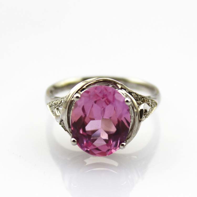 White Gold Plated 925 Silver with 9x11m Oval Pink Cubic Zircon Ring(R177)