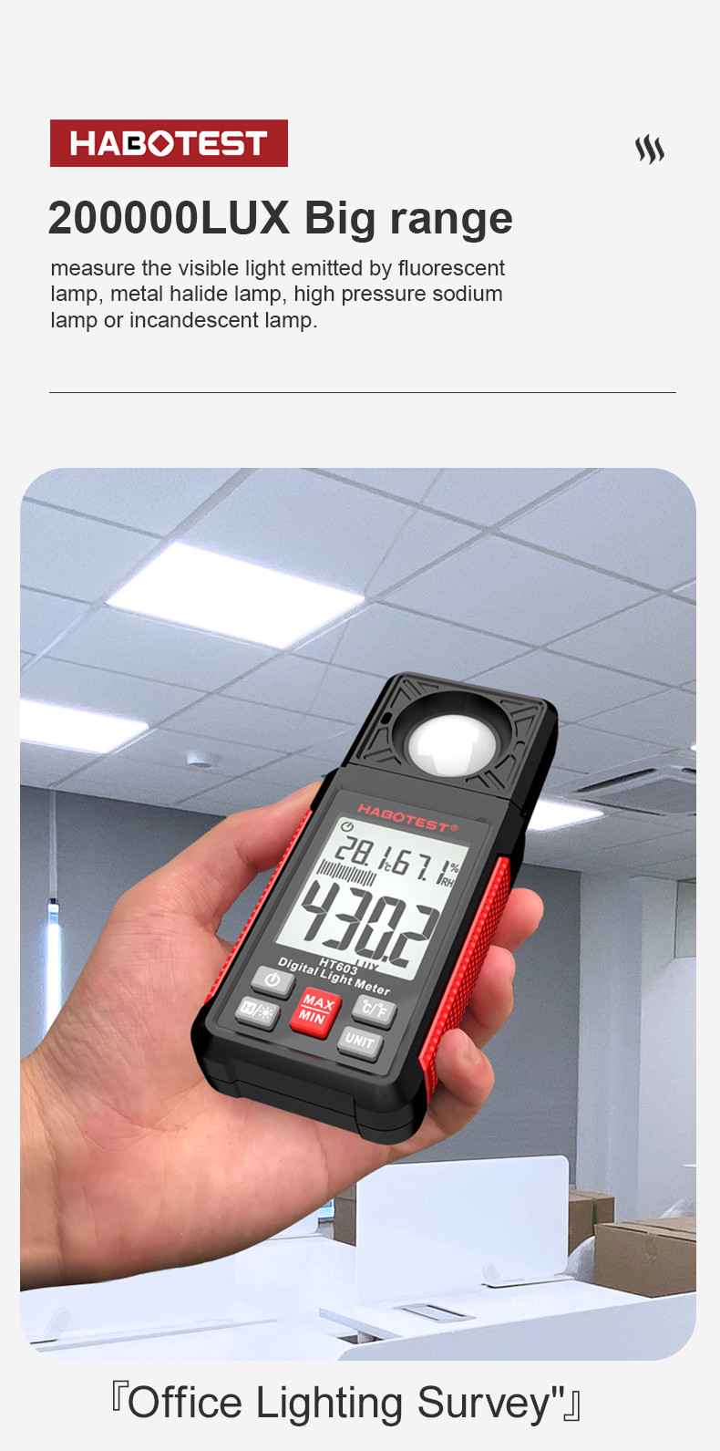 HT603 200,000 Lux Auto Digital Lux Meter Light Meter Digital Illuminance Meter