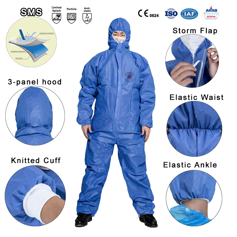 OEM ODM Type 5 6 Disposable Coveralls SMS Disposable Jumpsuits One Time Use
