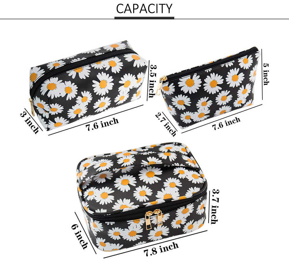 3 Pack Daisy Print PU Leather Cosmetic Bag Set For Women