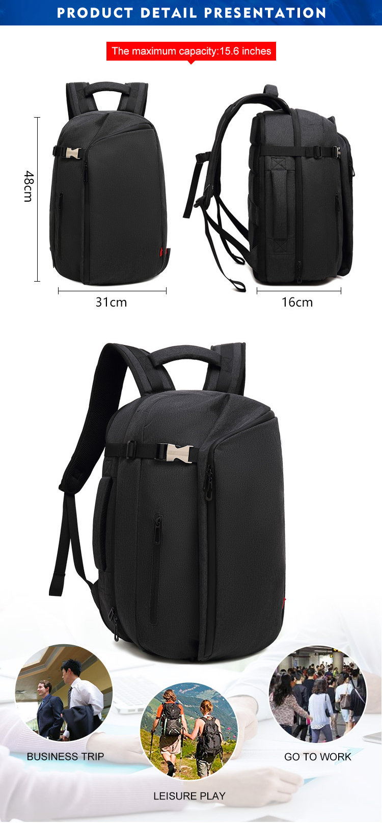 24L 15.6 Inch Expandable Laptop Backpack Multifunctional Rucksack 1680D