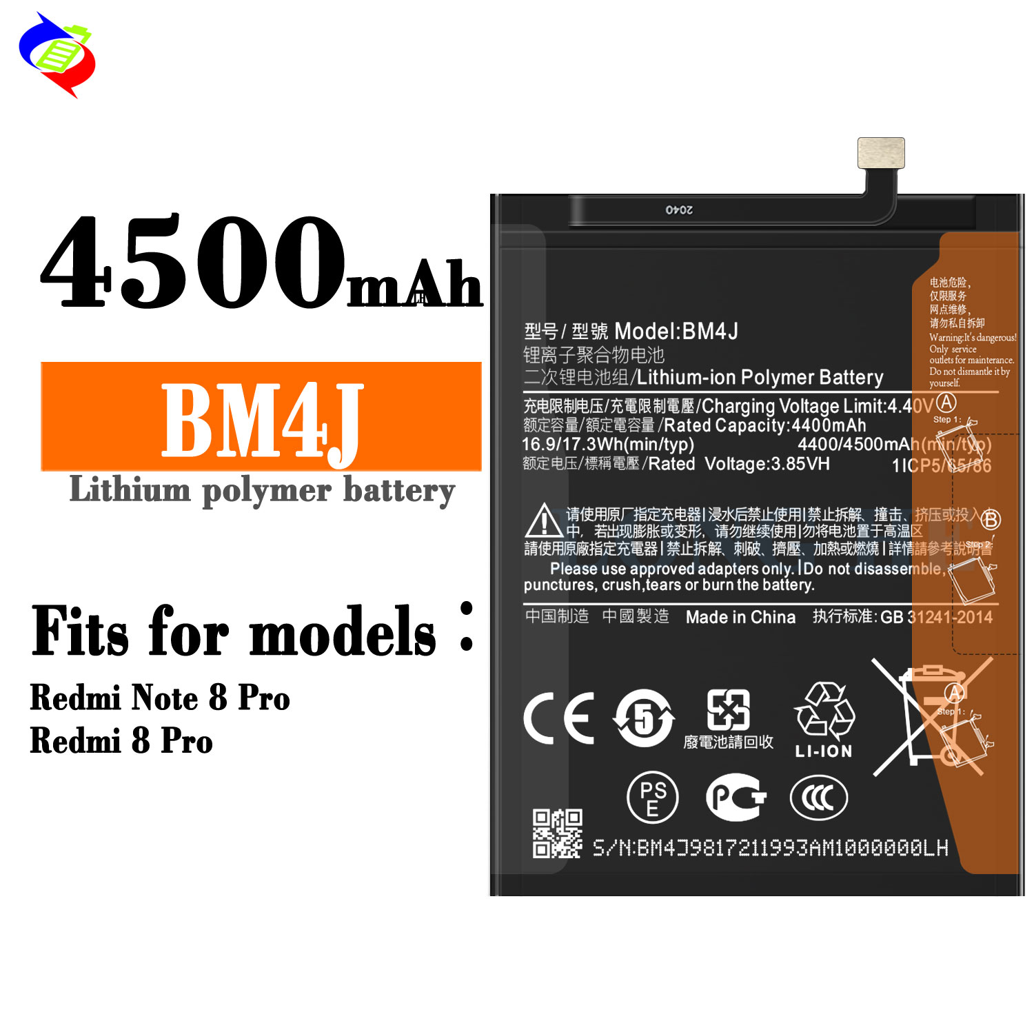 Stock A 4500mah 3.85V Lithium Polymer BM4J Cell for Xiaomi Redmi Note 8 Pro Replaceable