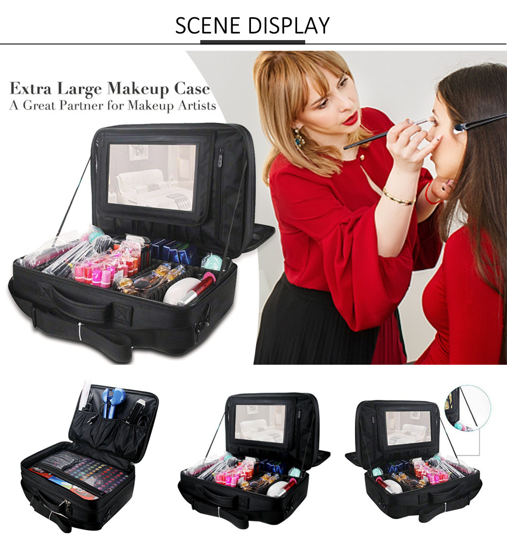 Adjustable Dividers Nylon Cosmetic Organizer Travel Case With Mirror