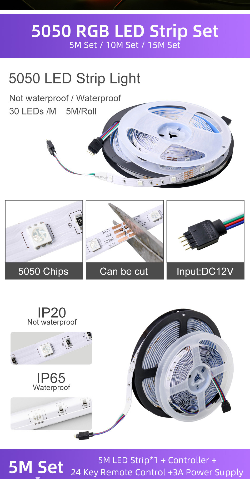 DIY 50 Feet LED Strip Lights , SMD5050 Smart Bluetooth LED Strip Lights