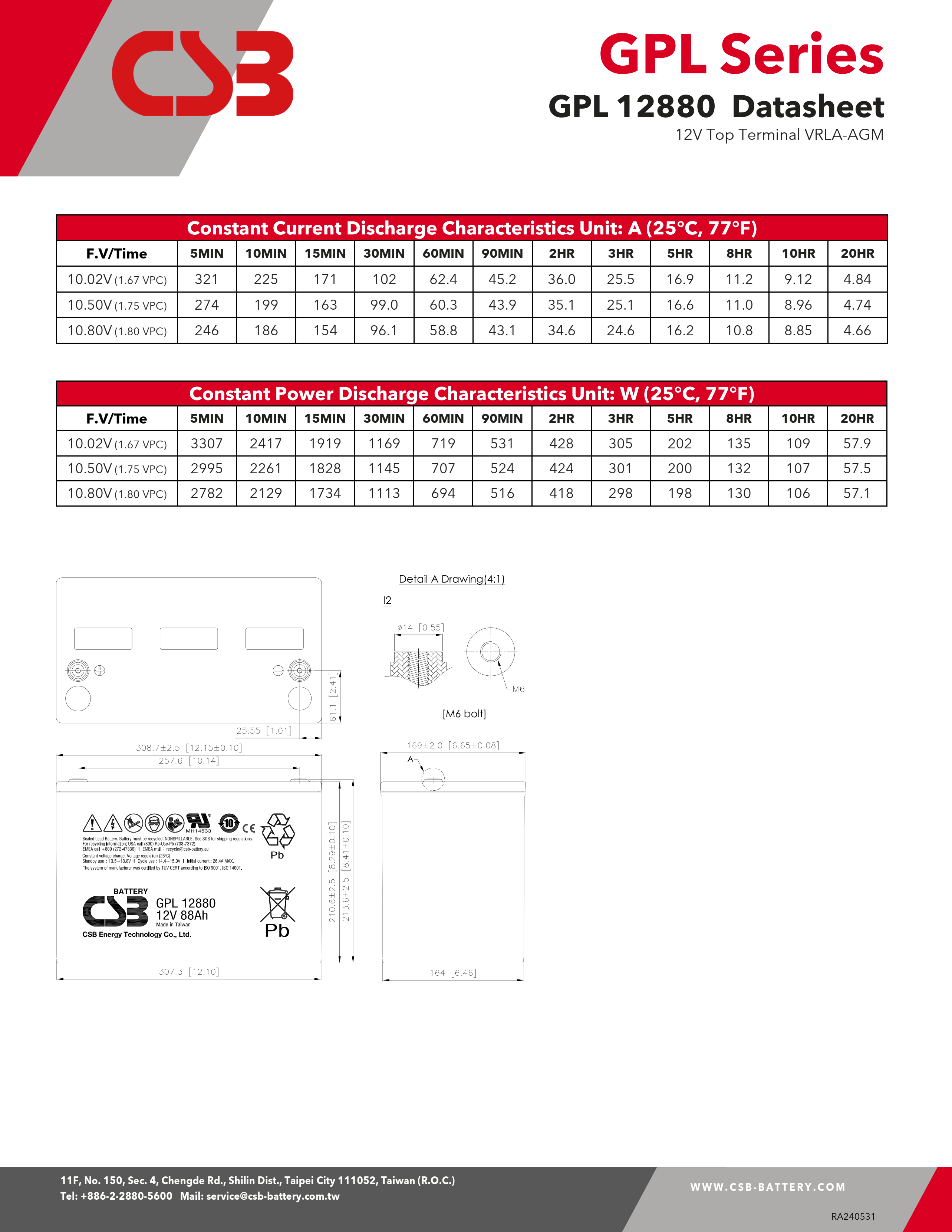 CSB GPL12880 12V 88Ah Maintenance-Free Sealed Lead-Acid Battery Valve-Regulated Lead-Acid Battery For Solar Systems Emergencies