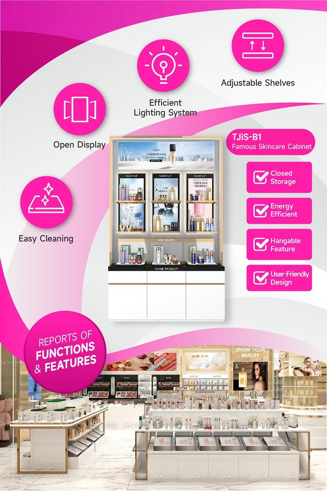 TJiS-B1 U-Shaped Titanium Edging Skincare Display Cabinet with 40mm Softbox