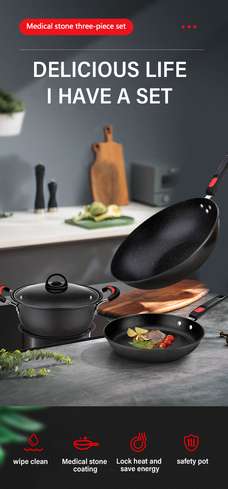 Black Non Stick Cast Iron Cookware Set Medical Stone Cookware Set