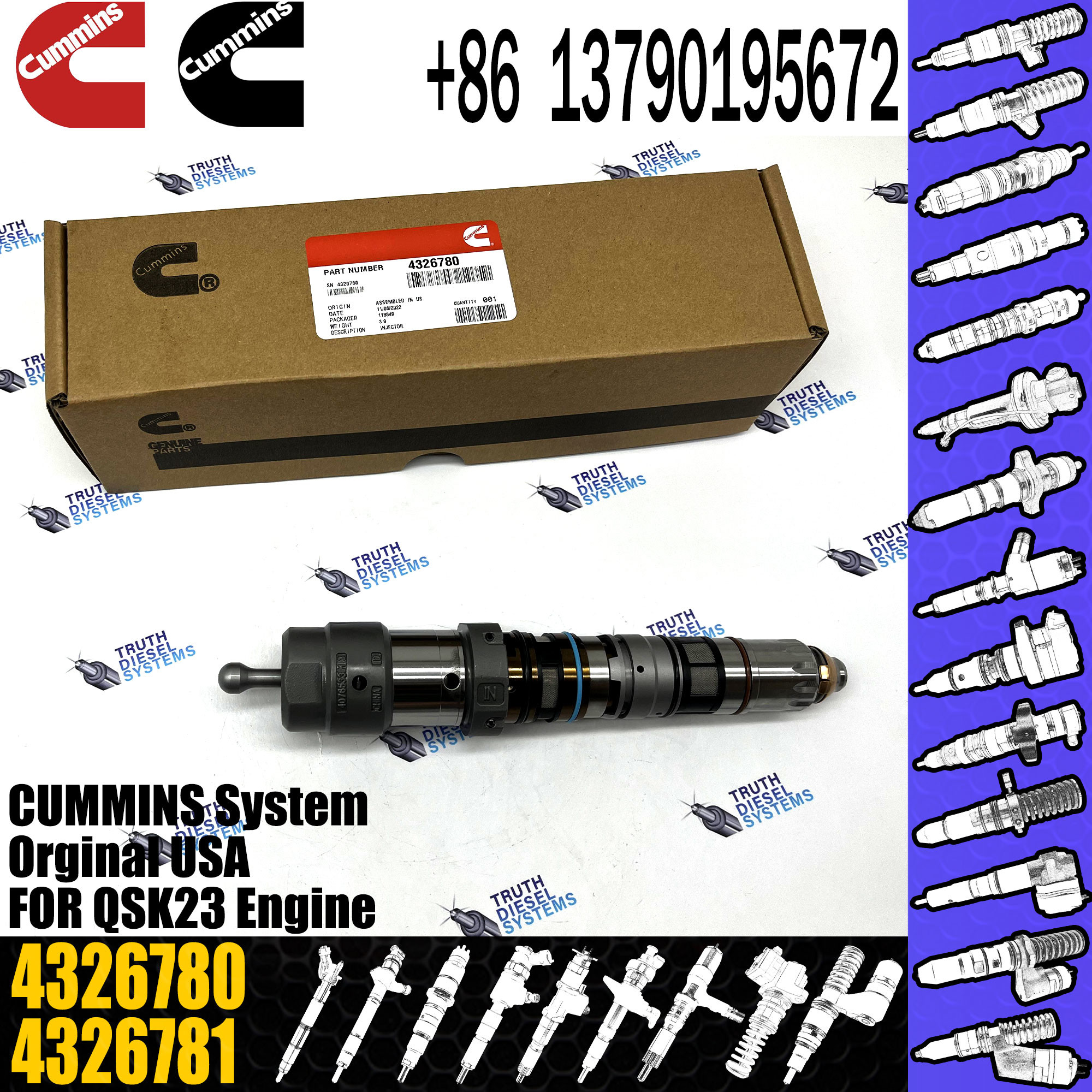 QSK23 QSK45 QSK60 Diesel Engine Common Rail Injector 4902828 4088428 4326780 4326781 4928346