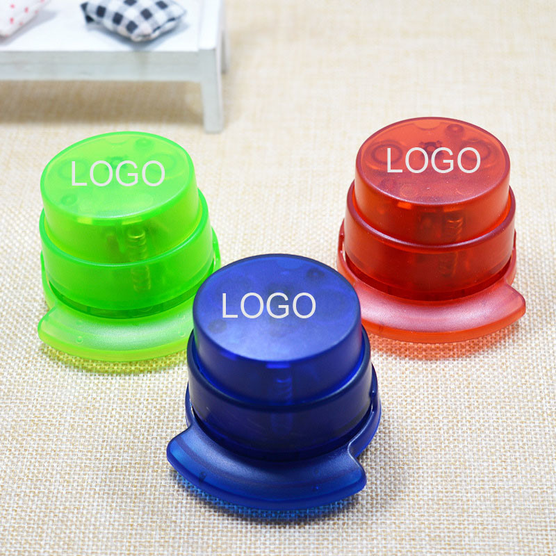 Mini green needle-free stapler 5*5.7cm ABS colorful logo customized