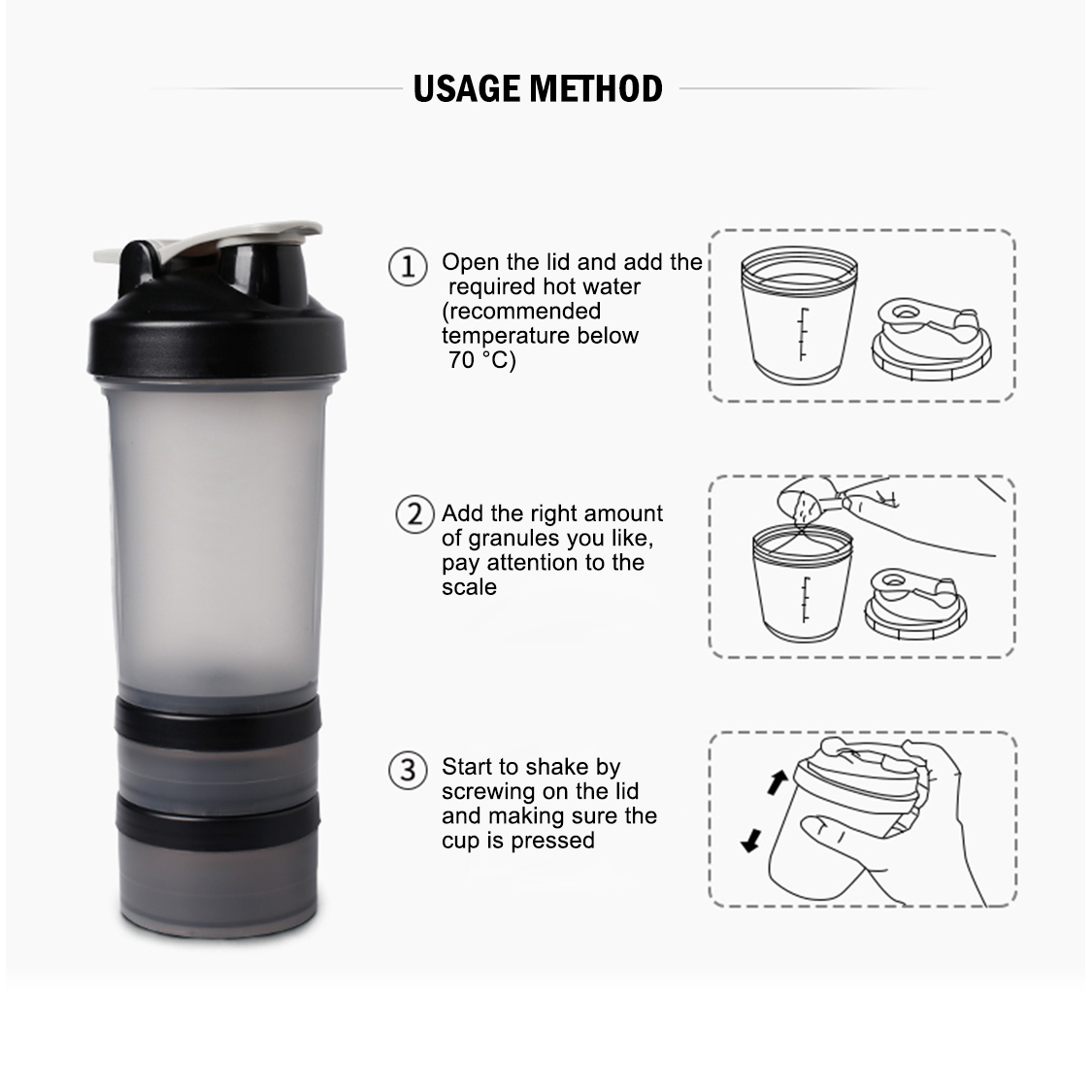 2020 New Style Three Layers Gym Bottle Blender Water Bottle Loop Top BPA Free Plastic Shaker Water Bottle