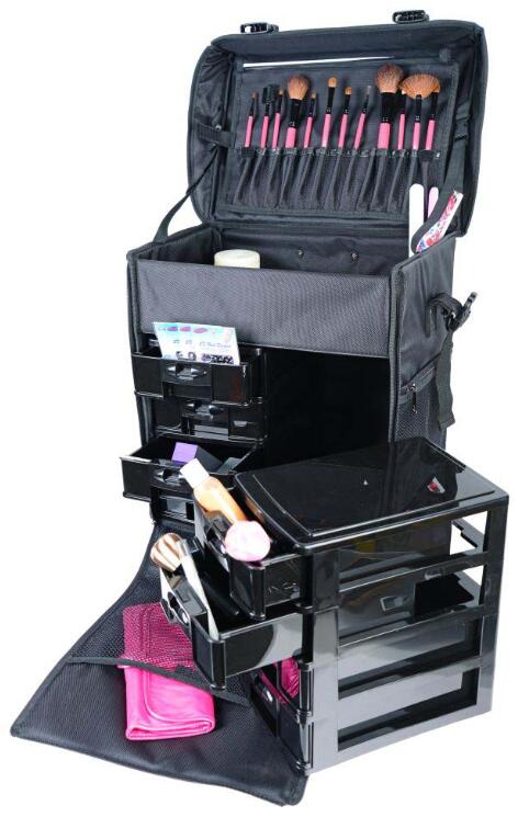 Stackable Adjustable Makeup Soft Trolley Case , Makeup Beauty Trolley Black Color