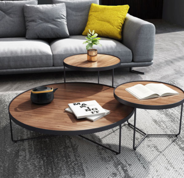 Easy Installation Wooden Top Coffee Tables 3 Round Table Metal Frame ODM