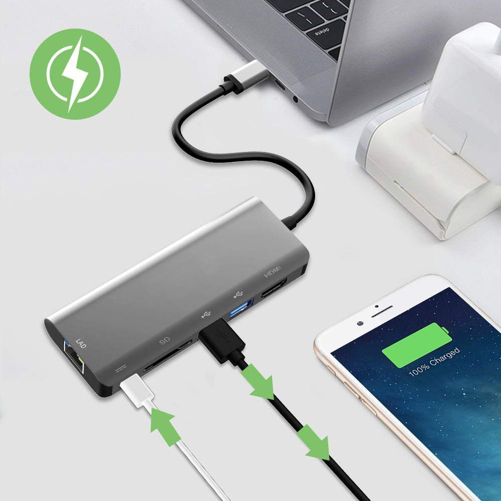 USB C Hub 6 in 1 Macbook Type C Hub With Pass-through Charging SD/Micro SD Card Reader 2 USB3.0 Ports and 4K Slot