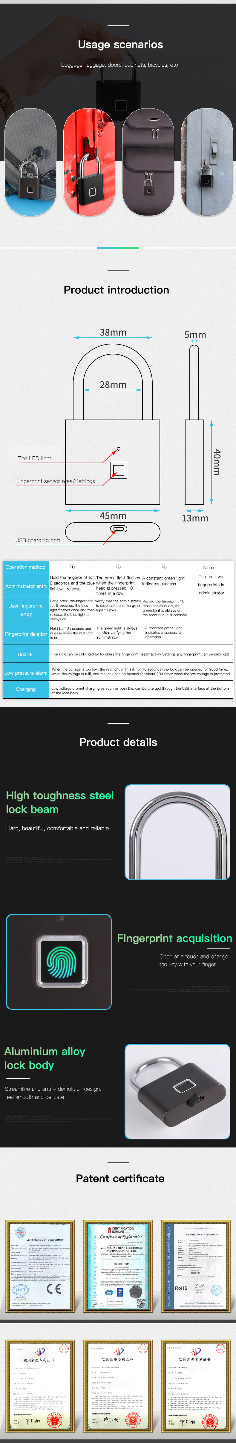 IP65 SS303 Semiconductor Fingerprint Smart Padlock