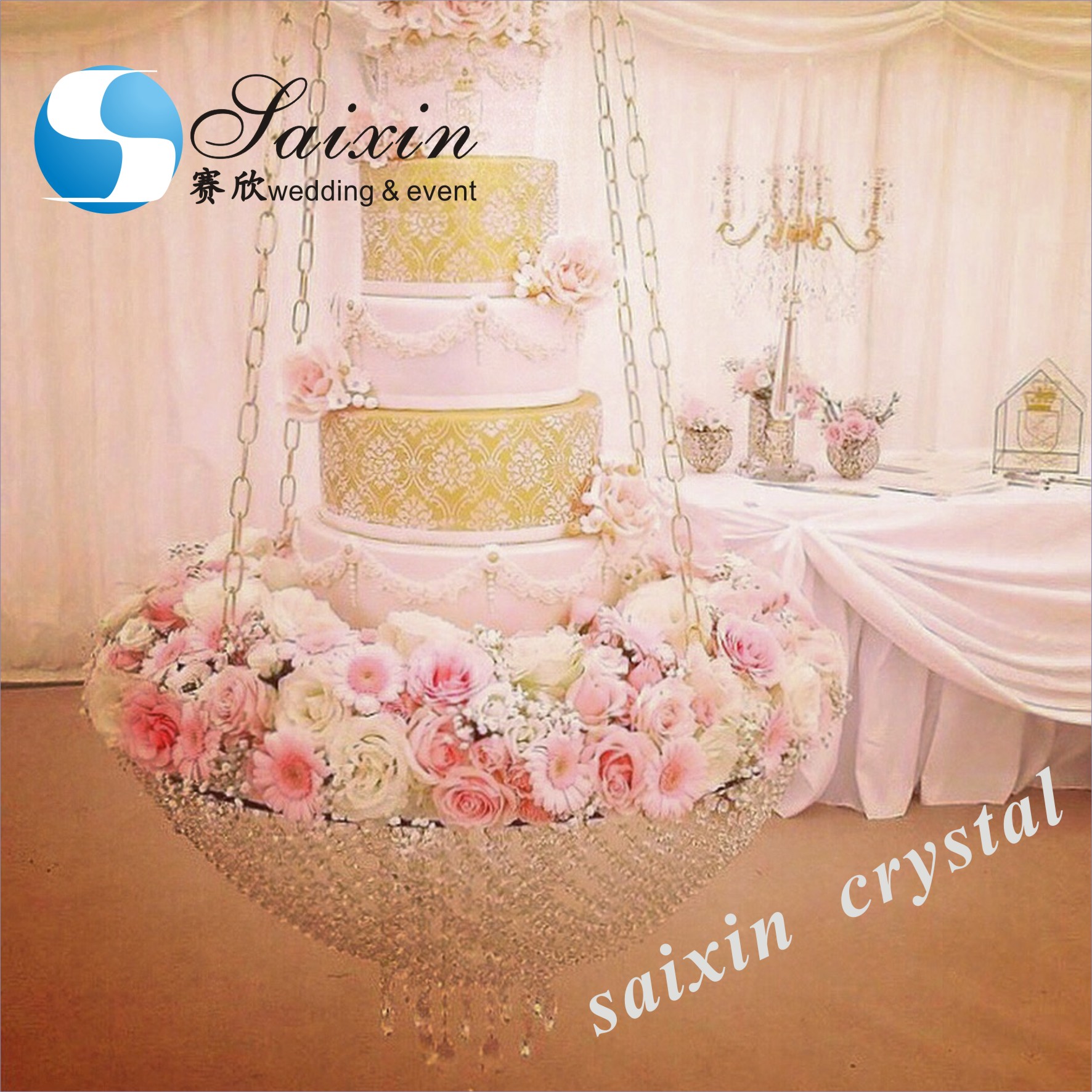 16 14 12 Inch Round Stainless Steel Hanging Crystal Cake Stands Wedding