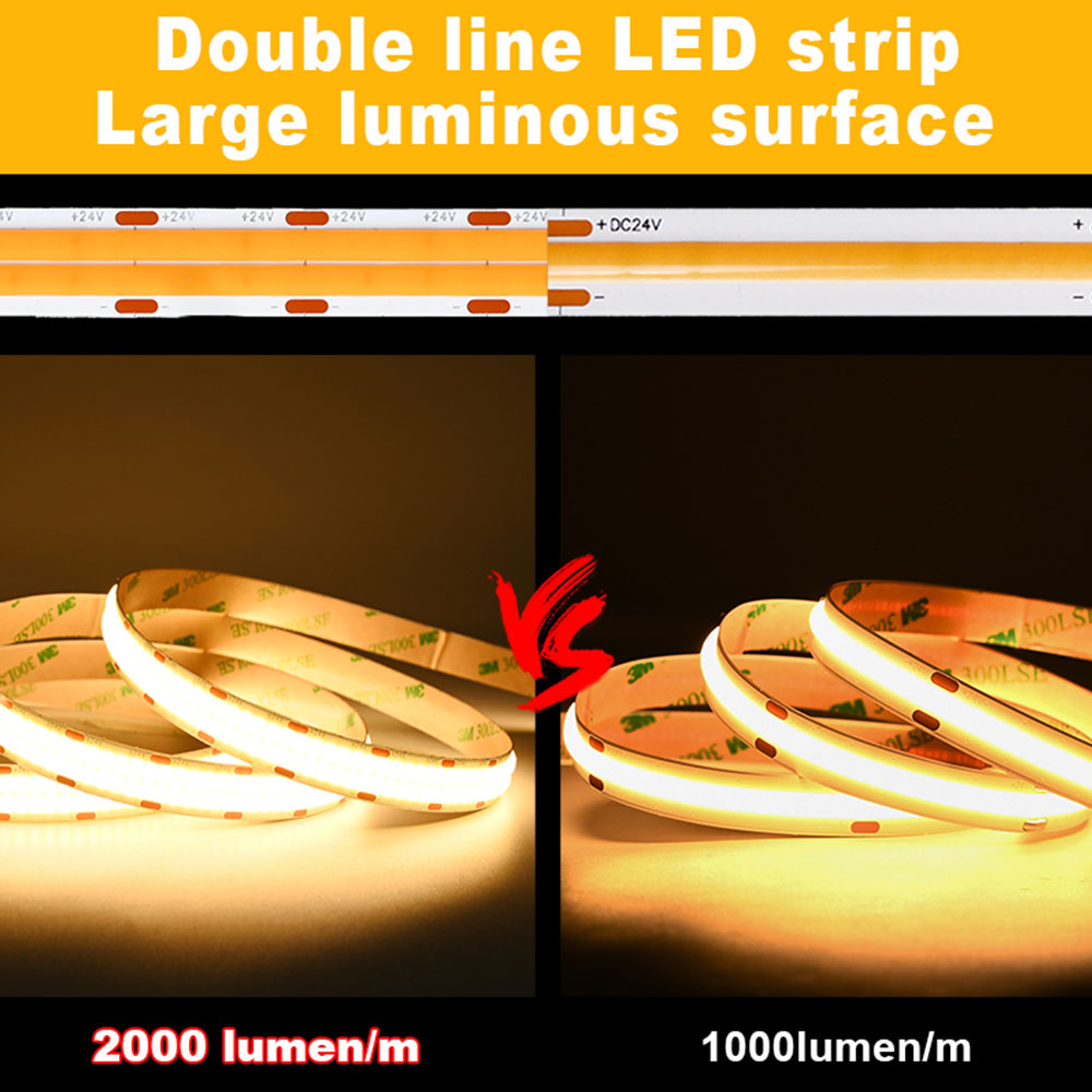 384 chips/m COB High Lumen DC12V24V Warm 3000K Led Strip Light for TV Backlight Cabinet
