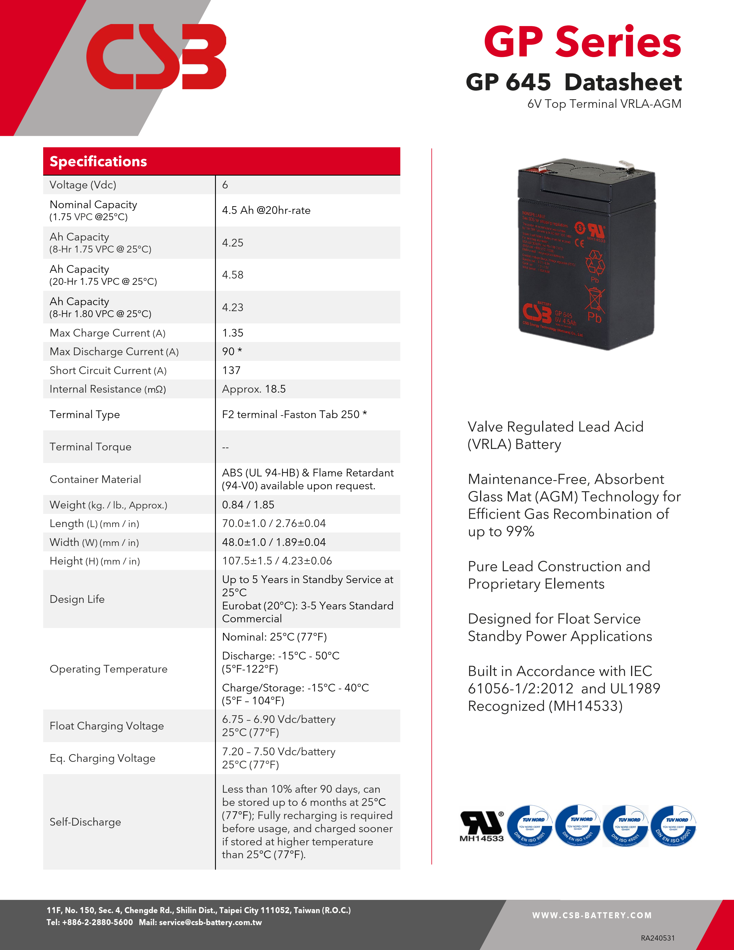 Long-Lasting 6V 4.5Ah Rechargeable Battery for Industrial Applications
