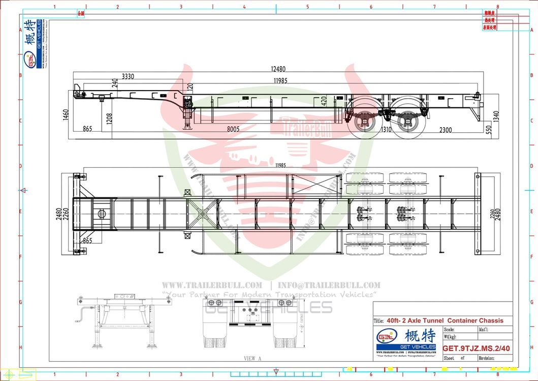 2 Axles ISO 35ton 40FT Intermodal Skeleton Trailer Skeletal Truck Semi Trailer Container Chassis for Tunnel Container Transit