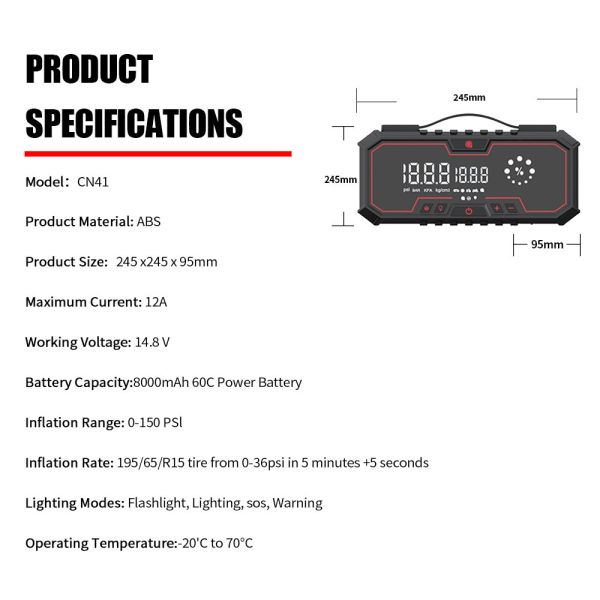 8000mAh Automobile Jump Starters 12V USB Interface Air Compressor Emergency Vehicle Jump Starter Battery Power Bank