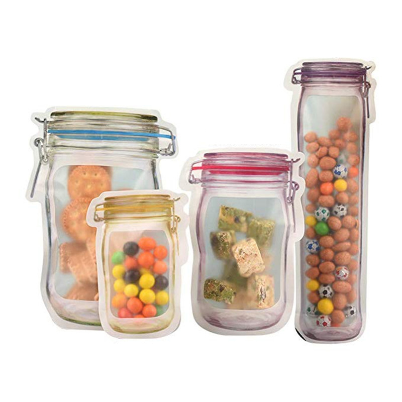 Factory Price Mason Jar Shape Storage Bags Snacks Candy Fresh Zipper Seal Food Reusable Stand-up Organizer