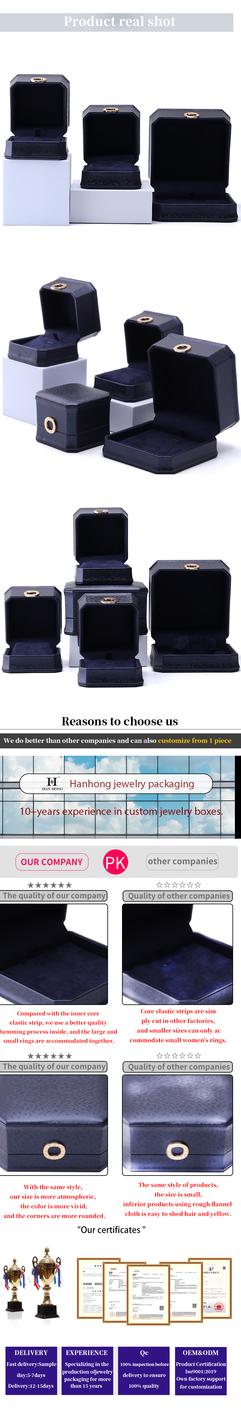 11*11*6cm Leather Jewelry Box Hanhong Square Necklace Ring Box with Metal Blue Luxury