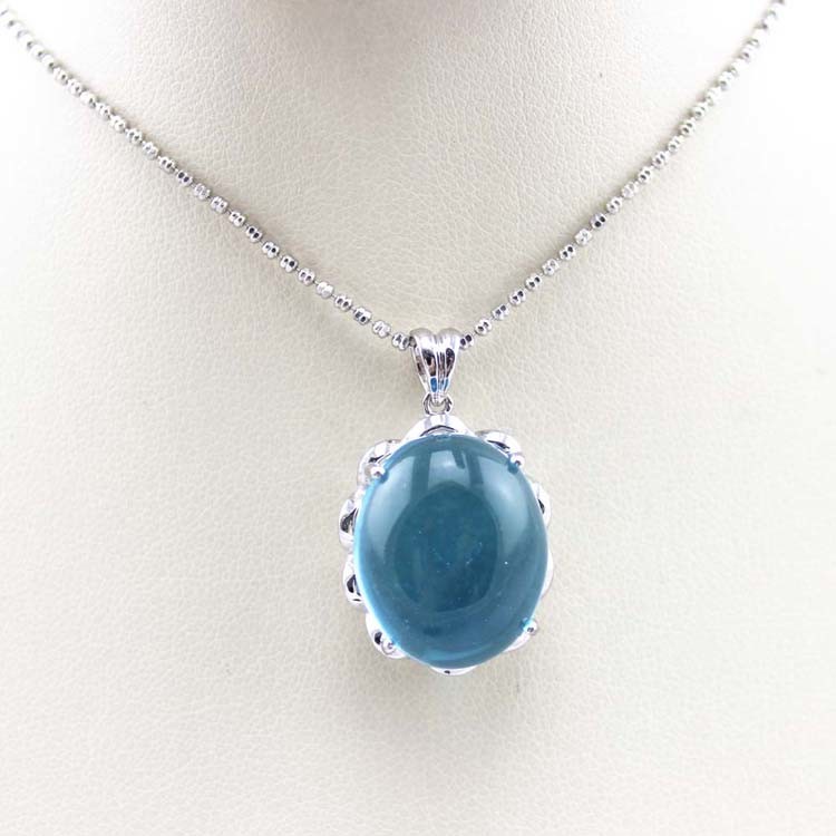 925 Silver Pendant Necklace with Oval Dome Blue Topaz Cubic Zircon (P40)