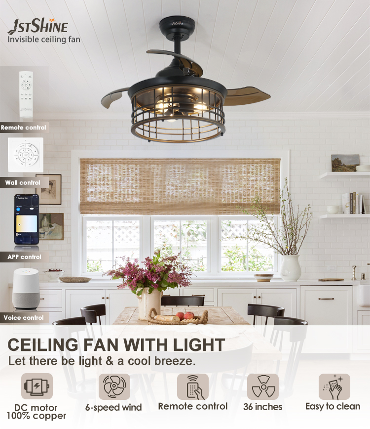 LED Light Source 36-inch Ceiling Fan with Retractable Blades and 100% Copper Motor