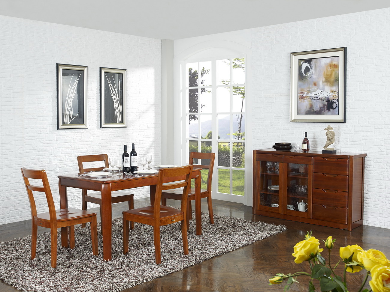 Nanmu solid wood Dining room furniture 1.35m flexible Round table and Chairs Tall wine cabinet with buffet